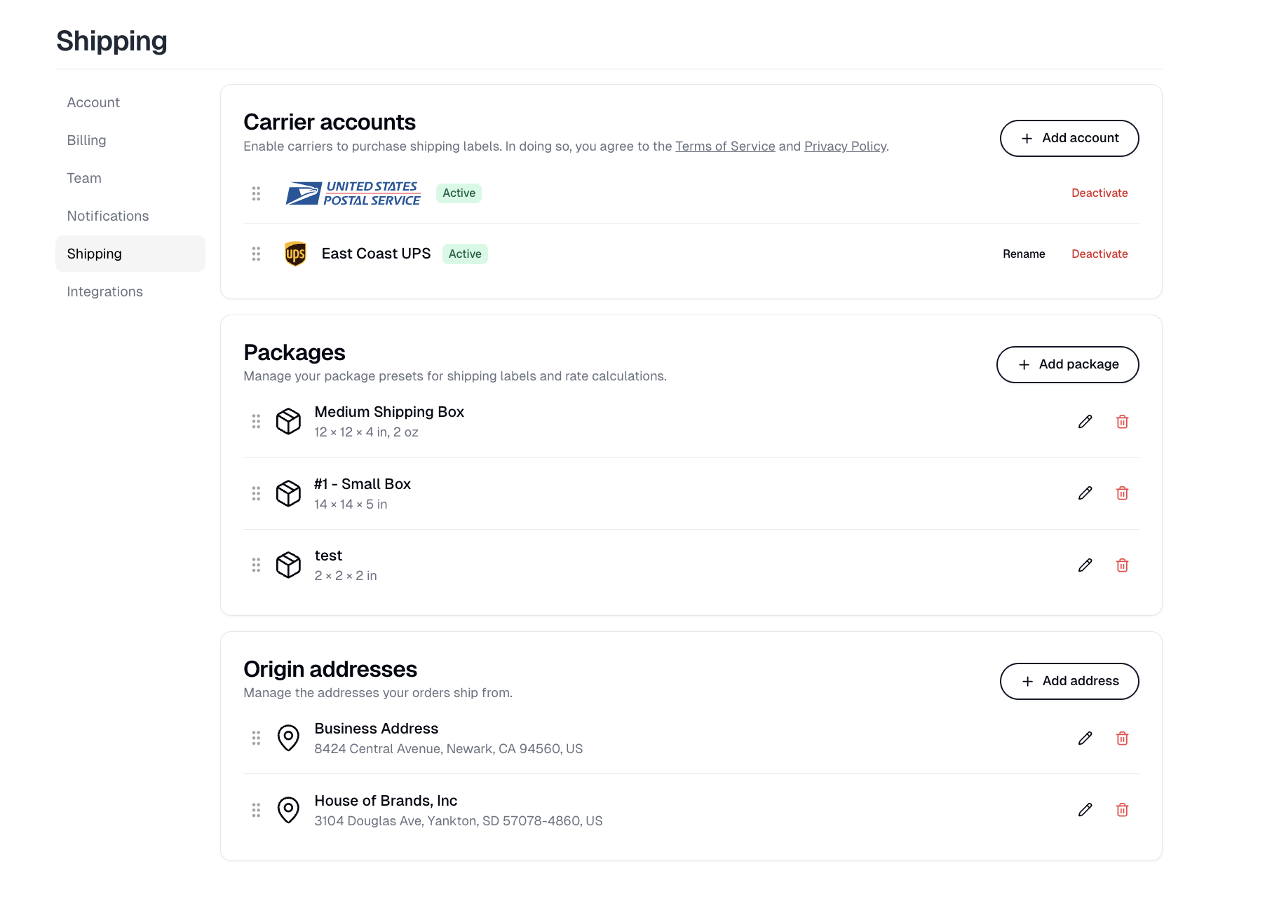 Settings › Shipping showing carrier accounts, packages and origin addresses