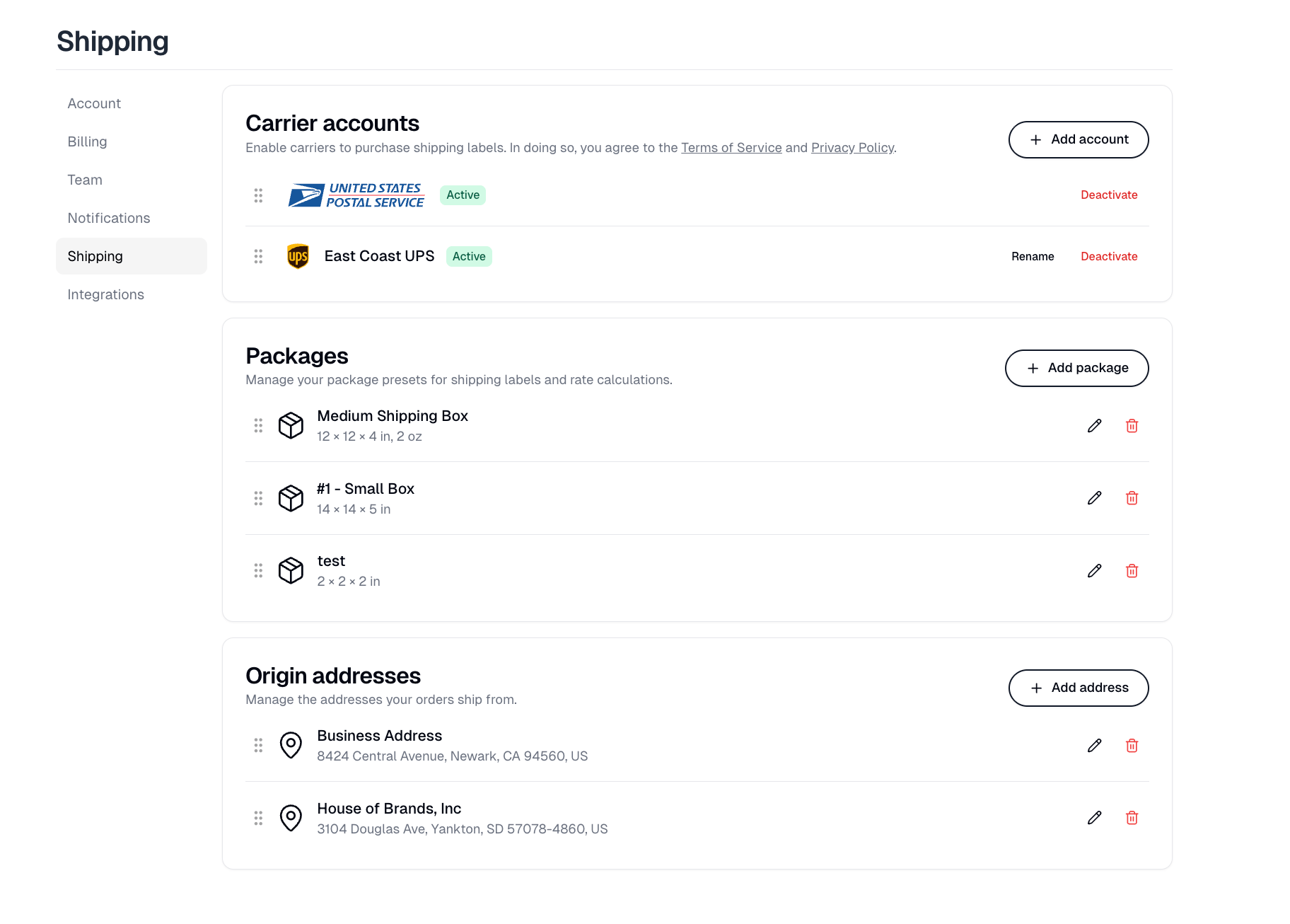 Settings › Shipping showing carrier accounts, packages and origin addresses