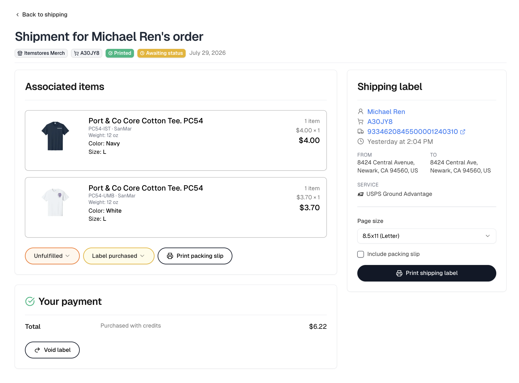 A shipment with its items and payment on the left and the shipping label panel with page size and packing slip options on the right