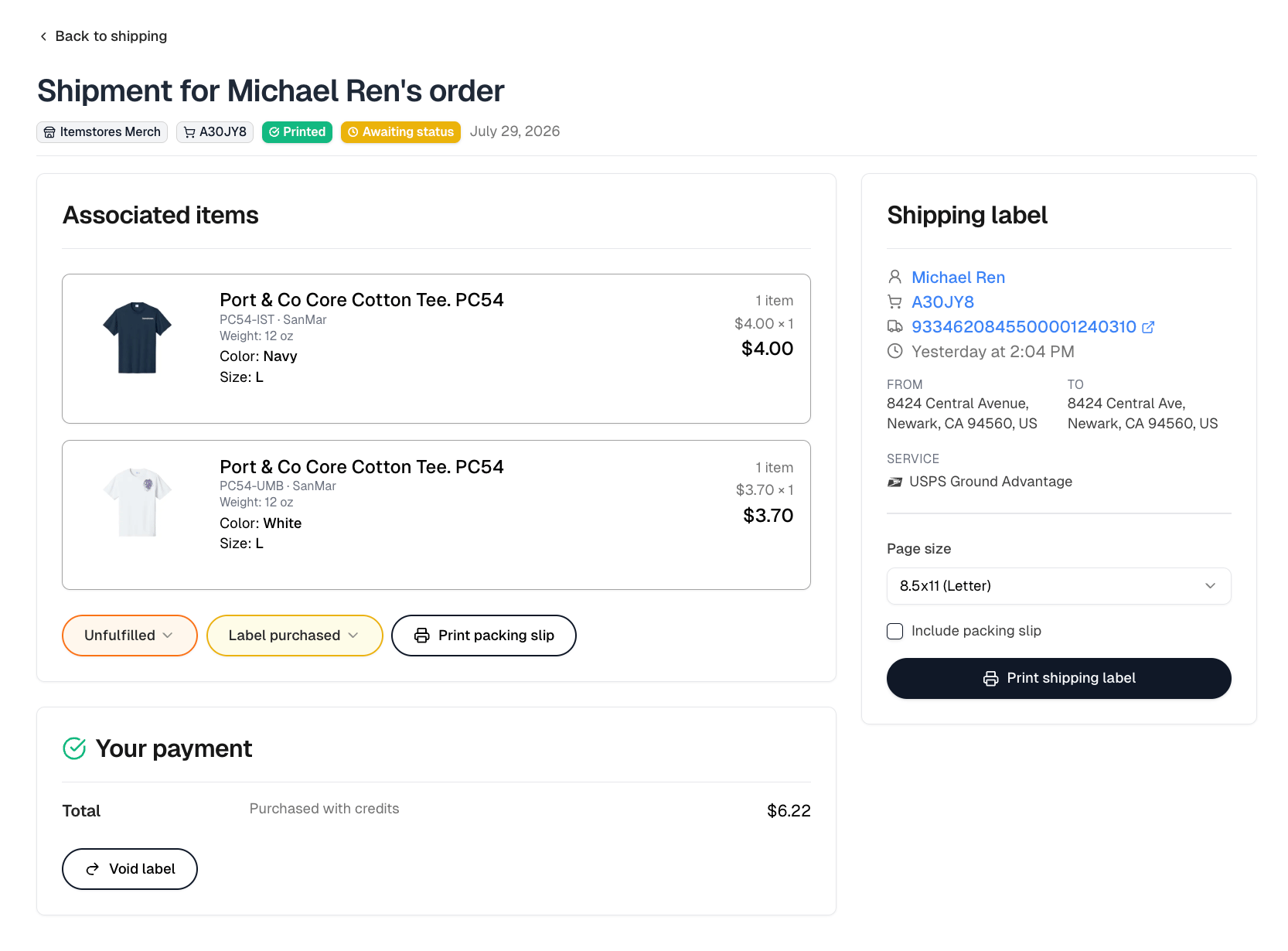 A shipment with its items and payment on the left and the shipping label panel with page size and packing slip options on the right