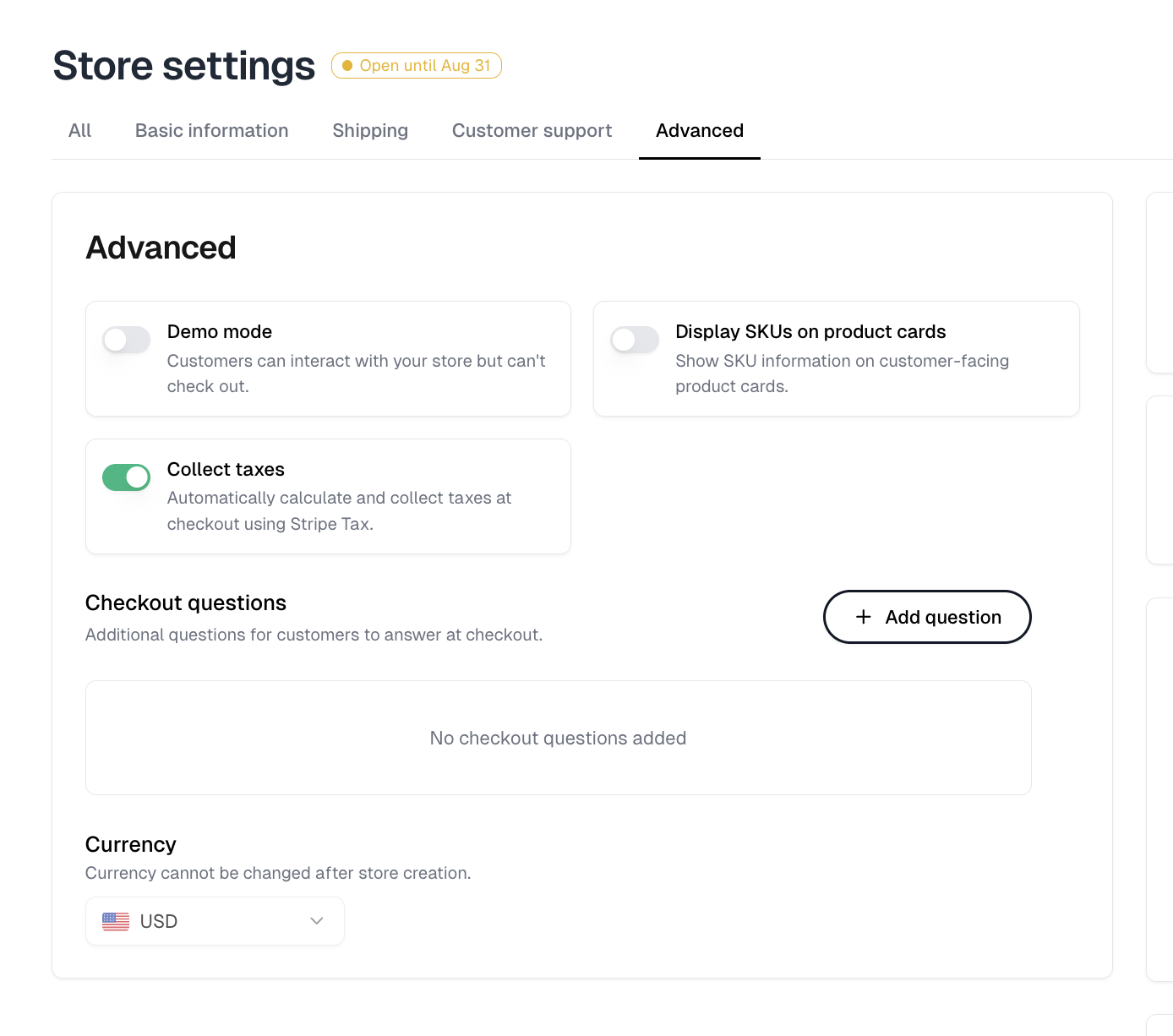 The Advanced section with the demo mode, SKU display and collect taxes switches, checkout questions and currency