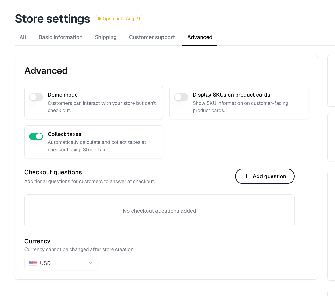 The Advanced section with the demo mode, SKU display and collect taxes switches, checkout questions and currency