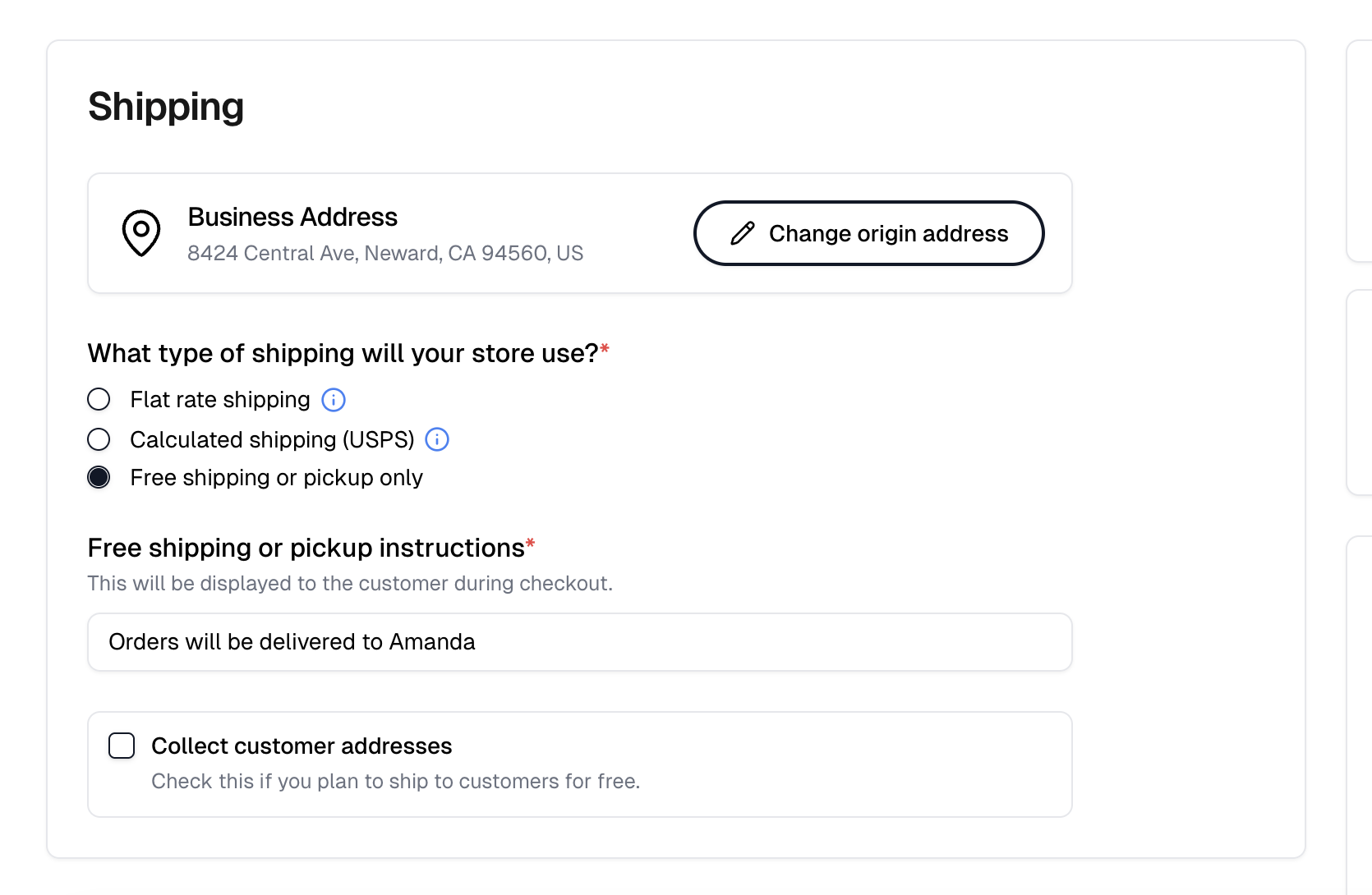 The Shipping section with Free shipping or pickup only selected and the instructions field visible