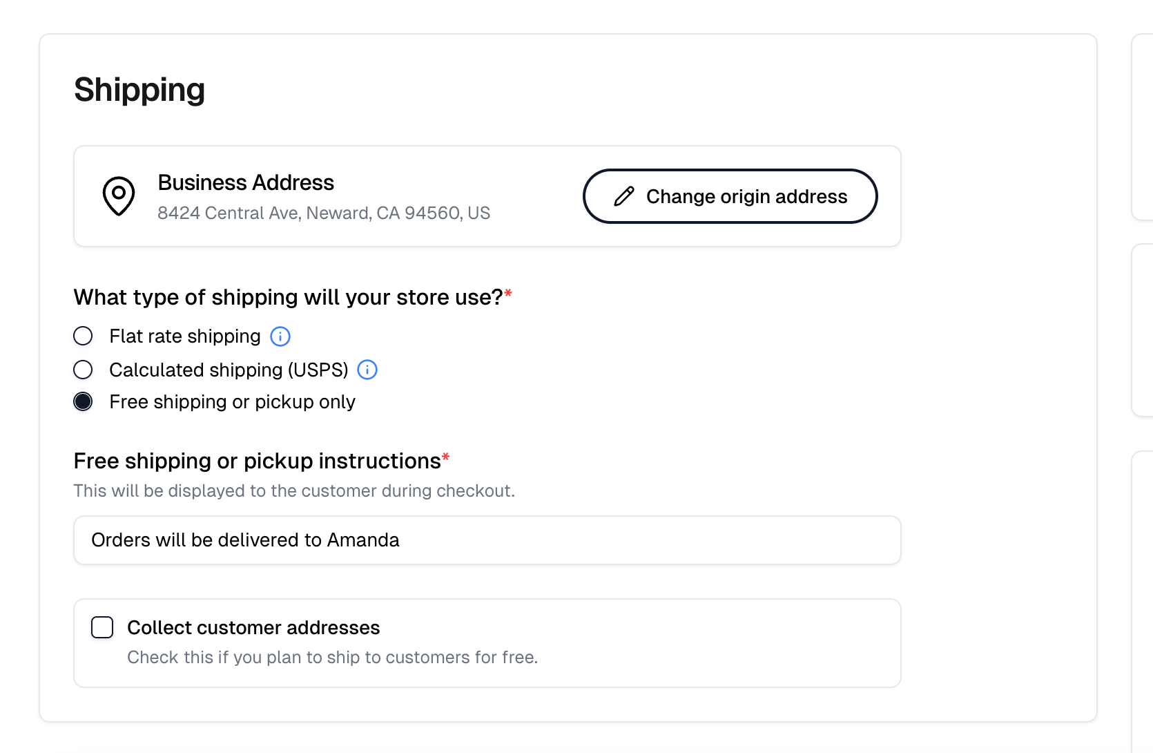 The Shipping section with Free shipping or pickup only selected and the instructions field visible
