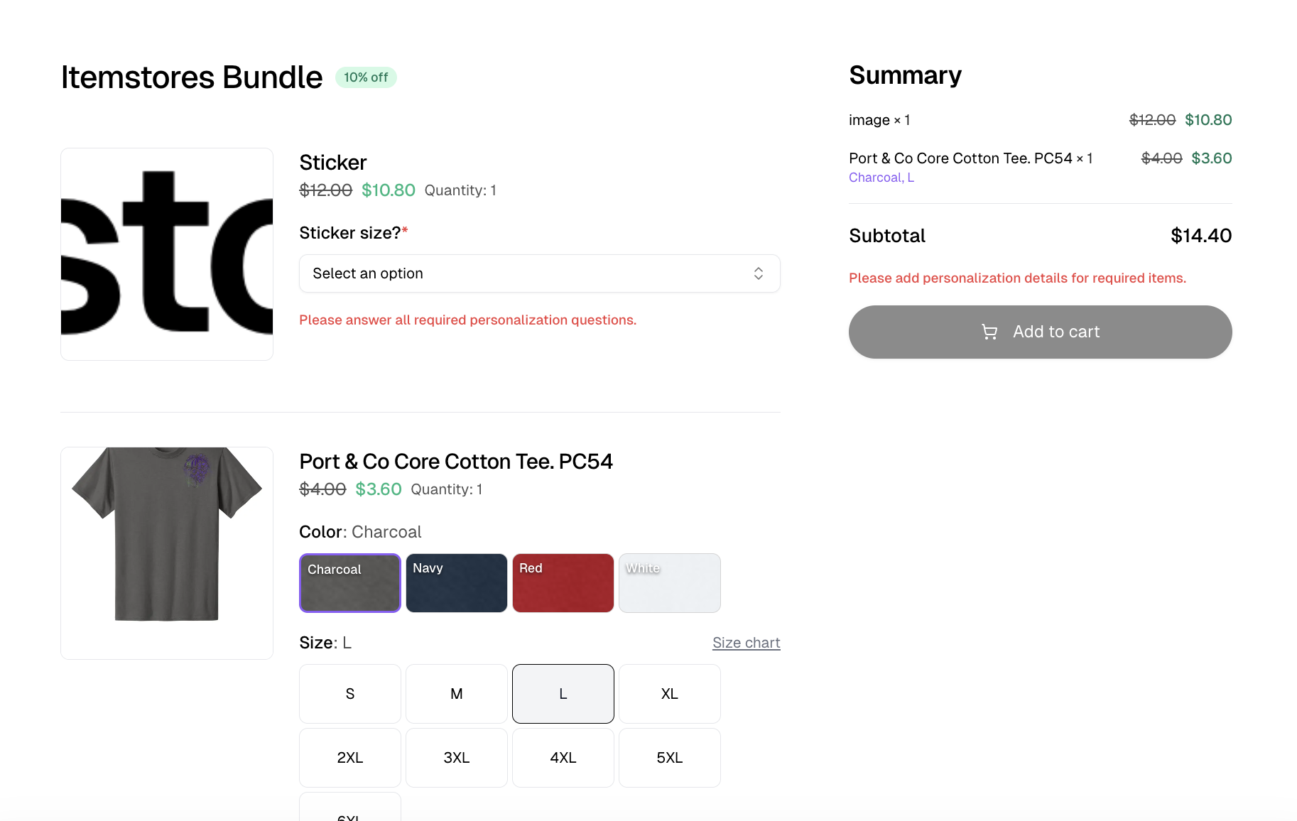 Storefront view of a bundle, with each item's variant pickers, struck-through prices and the summary