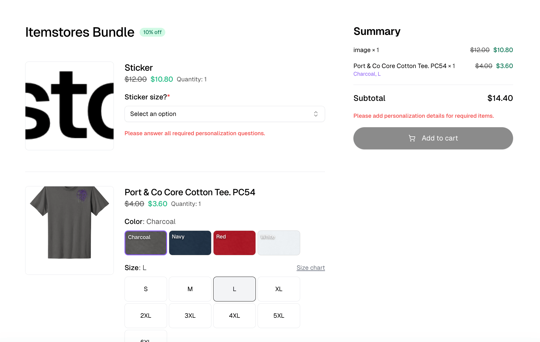 Storefront view of a bundle, with each item's variant pickers, struck-through prices and the summary