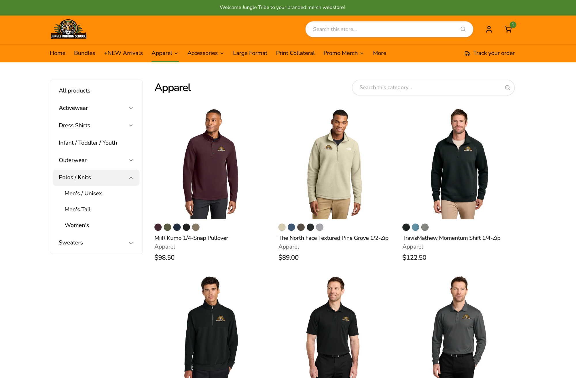 Storefront view of a category page, with the top-level categories as header tabs and their subcategories down the left