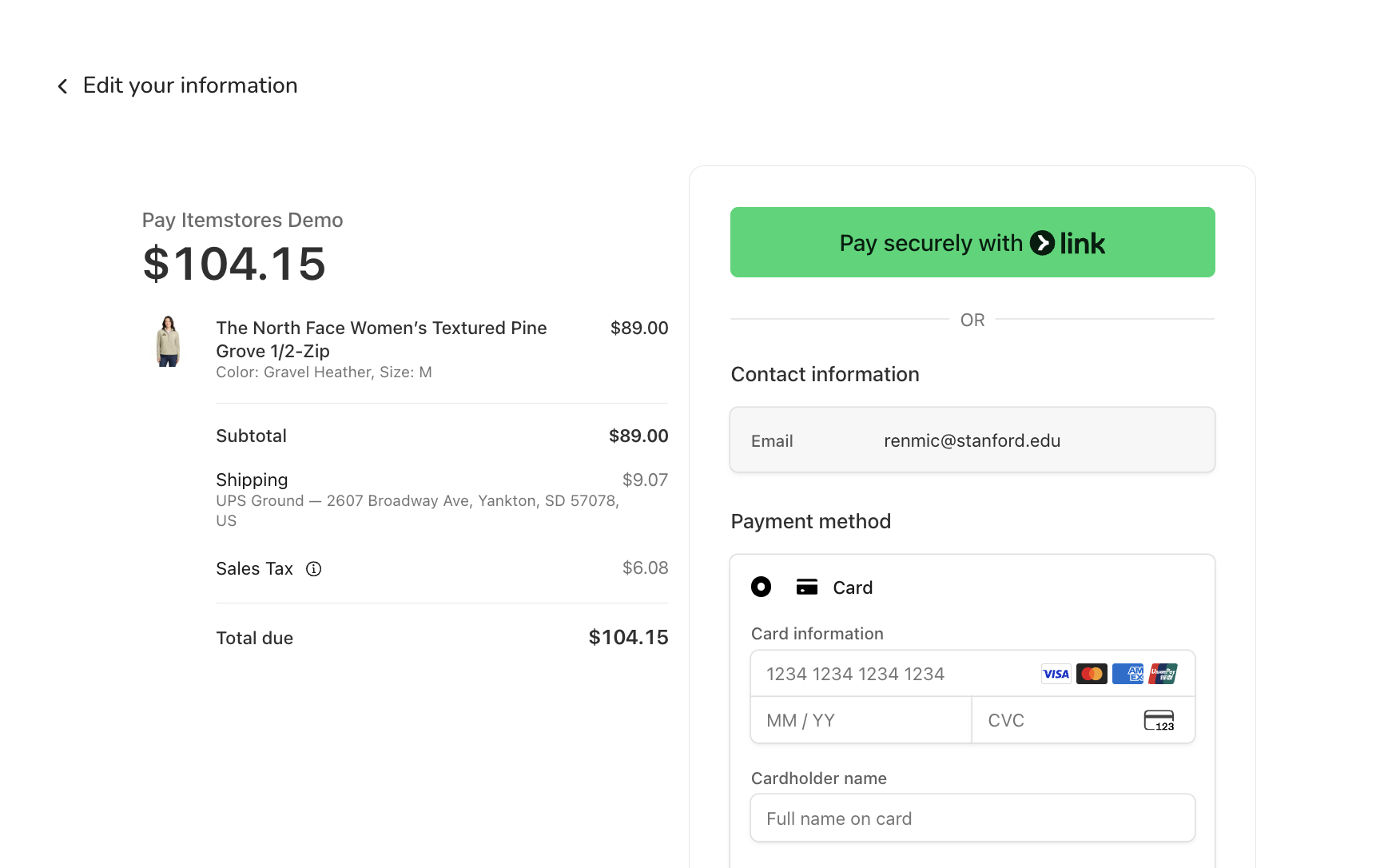 Storefront view of the payment page, with sales tax on its own line above the total due