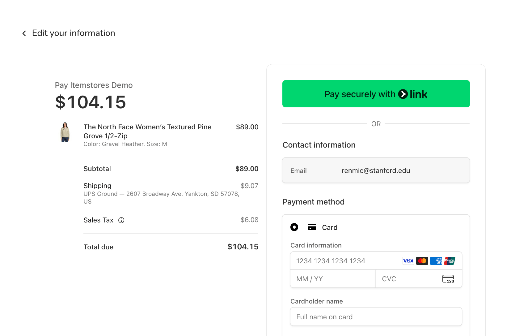Storefront view of the payment page, with sales tax on its own line above the total due