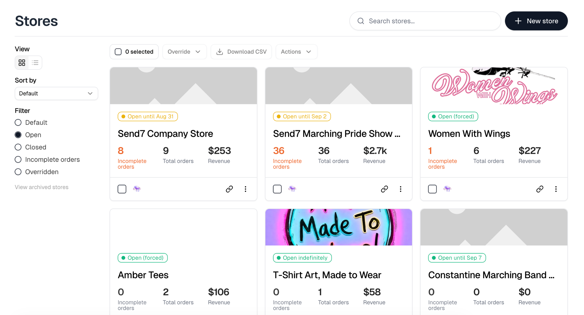 The Stores list with its sort and filter sidebar, the selection toolbar, and store cards showing status badges and order counts