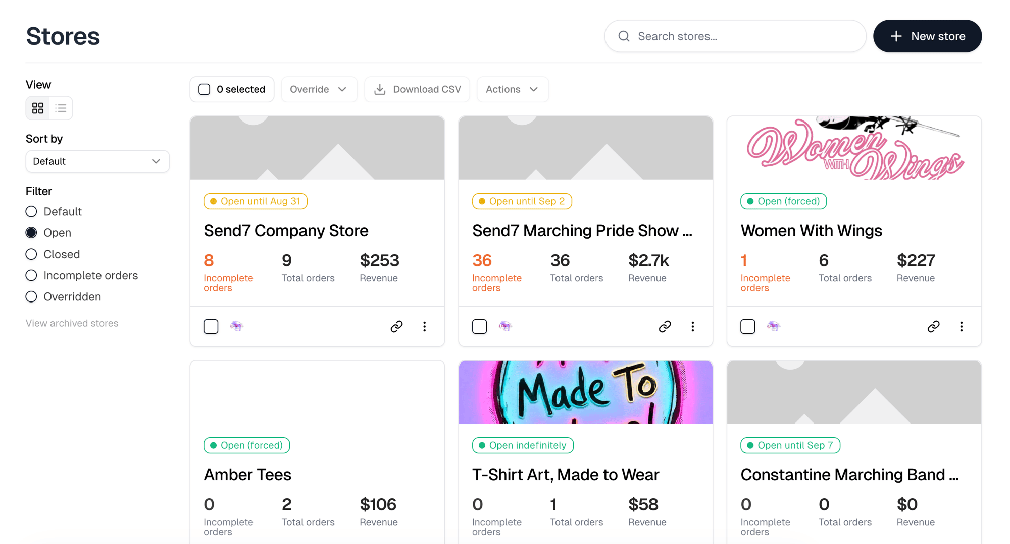 The Stores list with its sort and filter sidebar, the selection toolbar, and store cards showing status badges and order counts