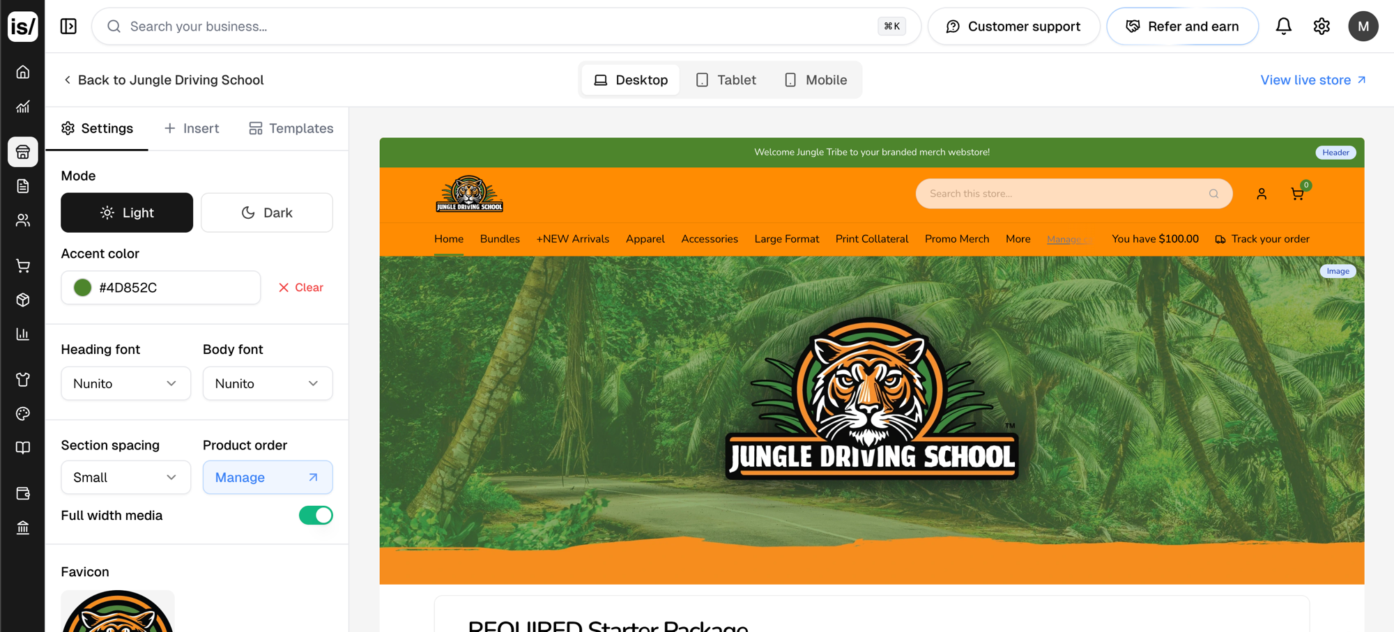 The website editor with the Settings panel on the left, the store preview on the right, and the device toggles across the top