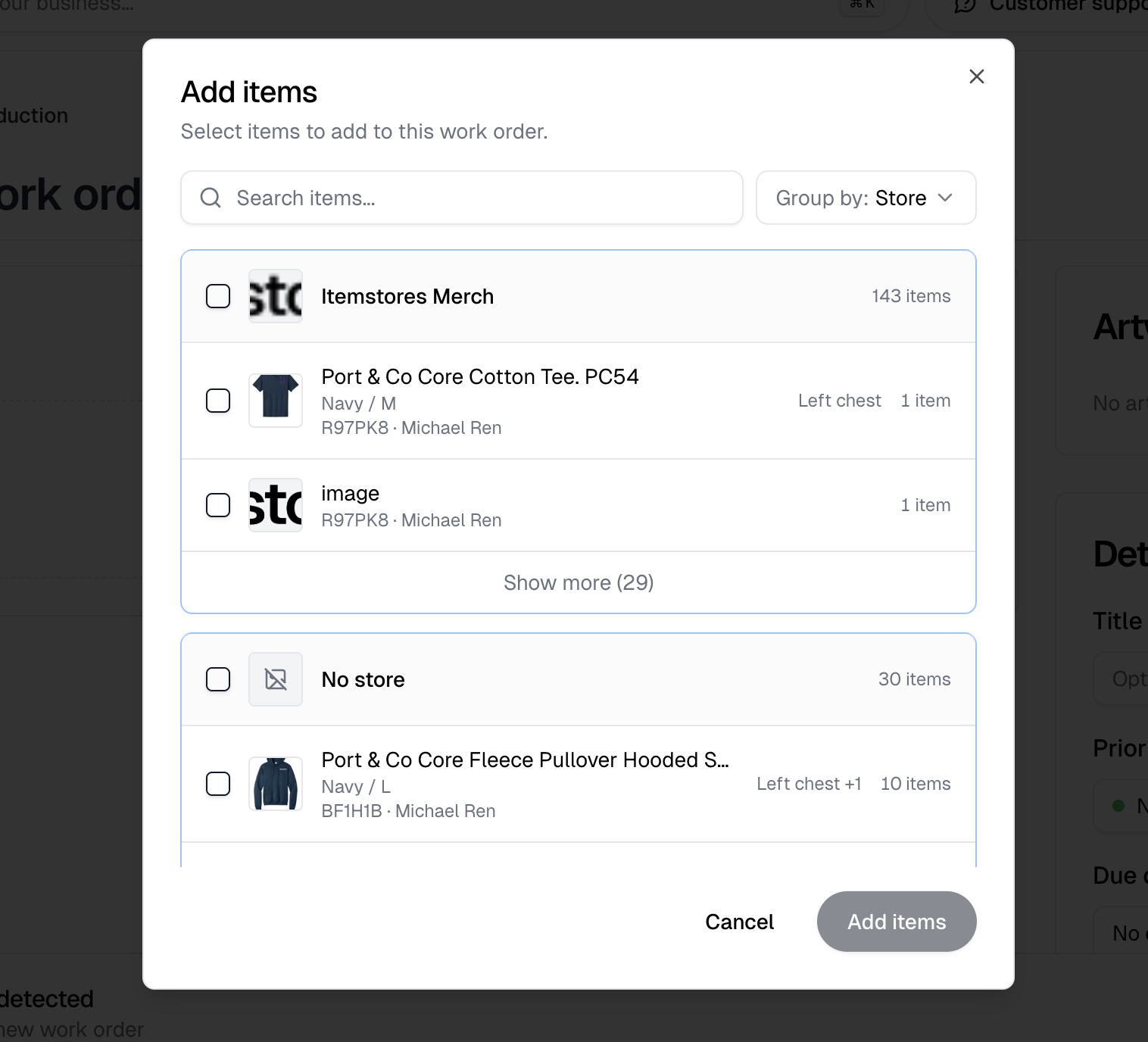 The Add items dialog with items grouped by store, each row naming its order and customer