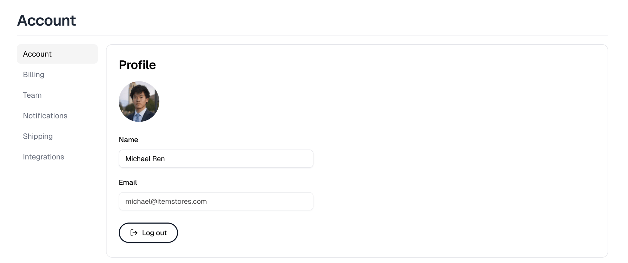 Settings › Account showing the Profile section with a photo, Name and Email fields