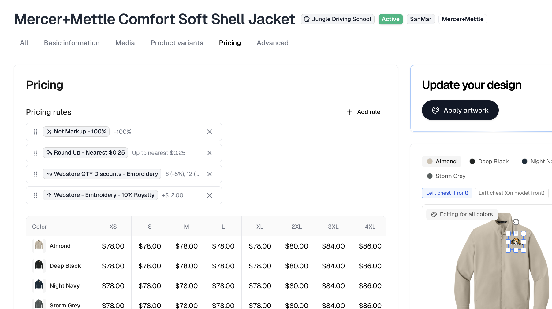 A product's Pricing tab with four rules stacked and the resulting price grid below