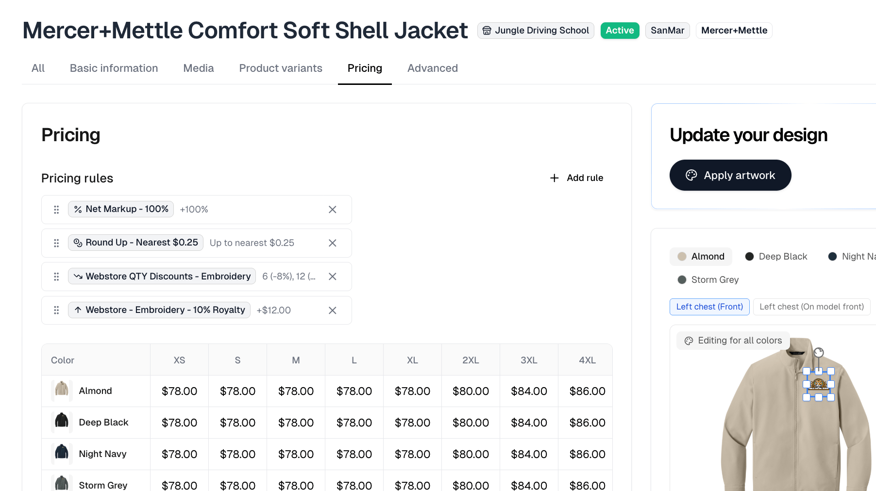 A product's Pricing tab with four rules stacked and the resulting price grid below