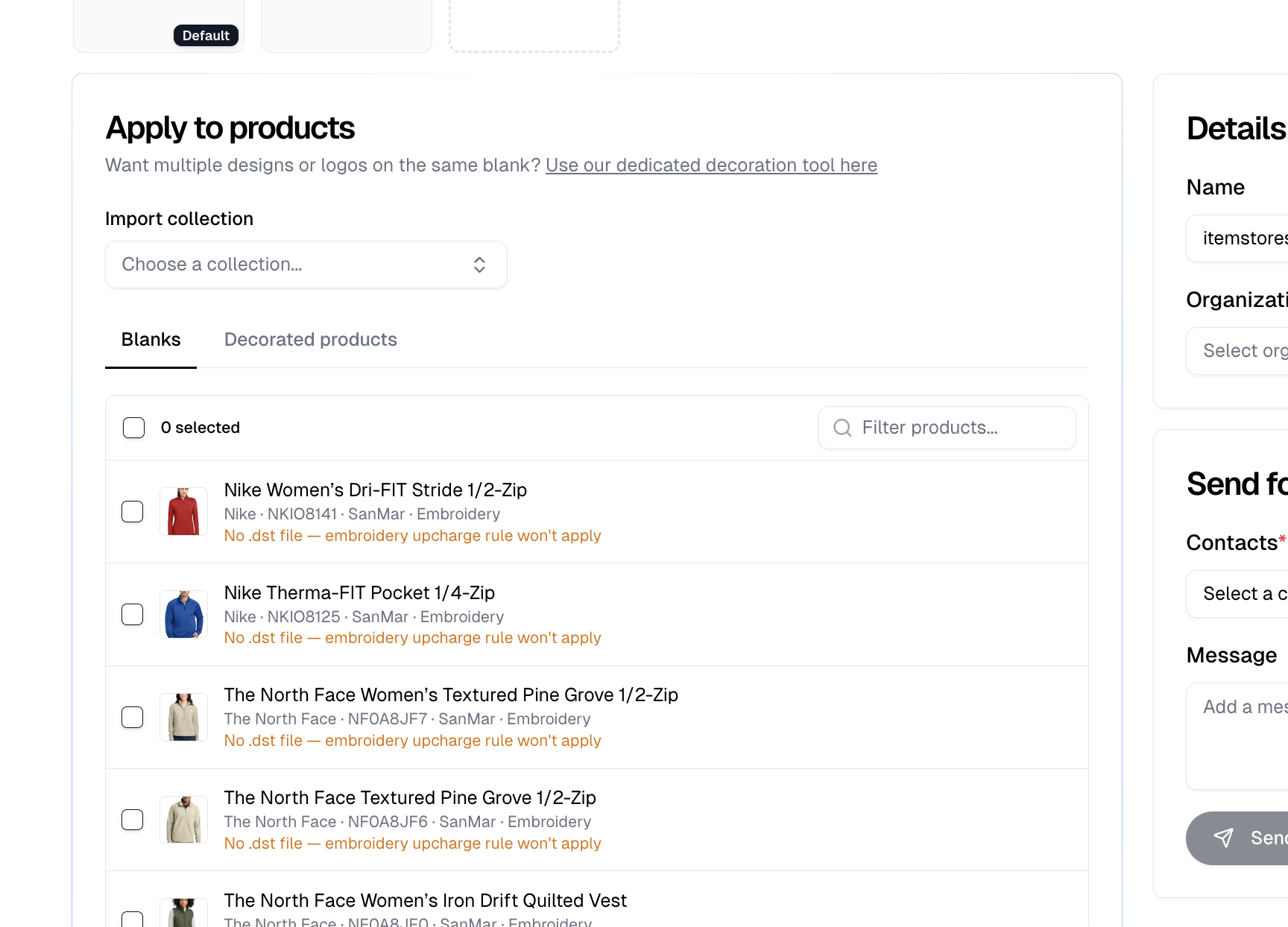 Apply to products, showing Import collection, the Blanks and Decorated products tabs, and the blank list