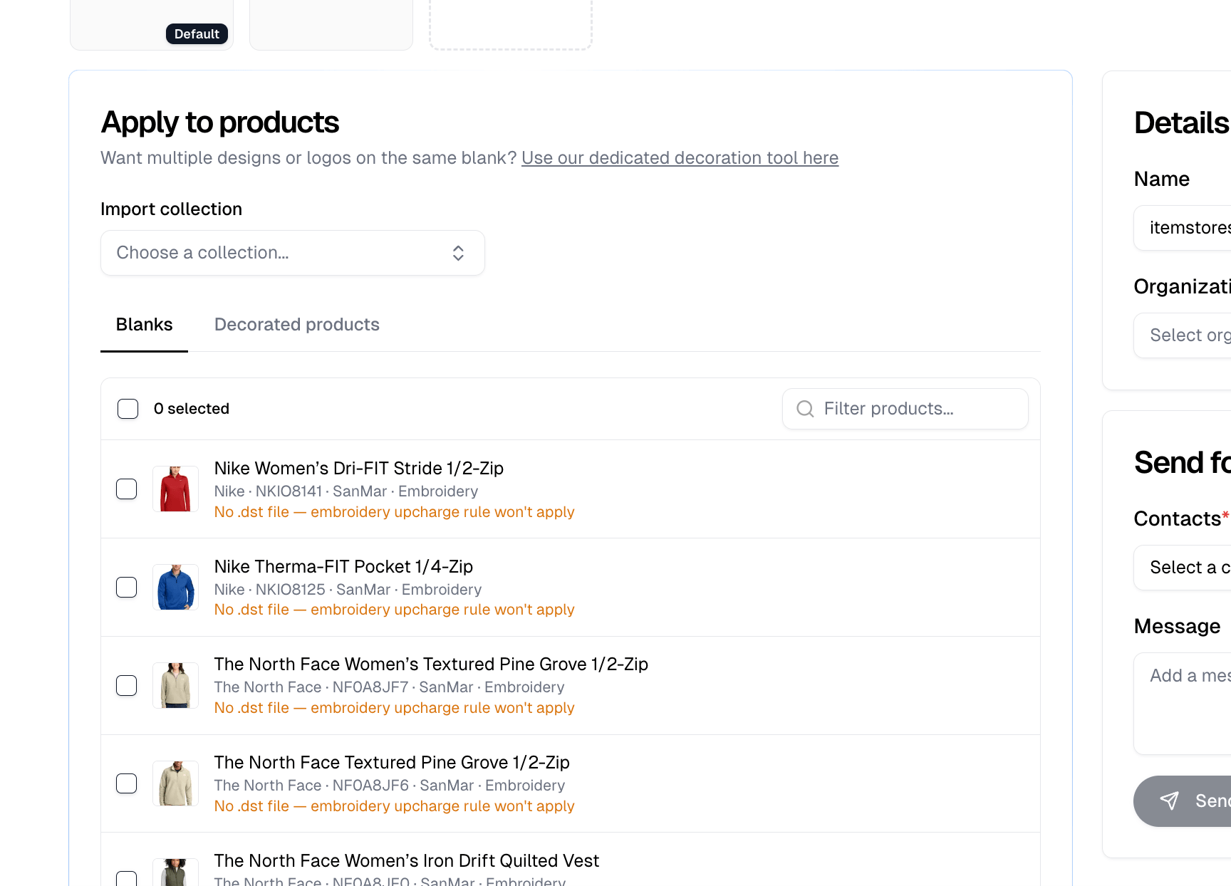 Apply to products, showing Import collection, the Blanks and Decorated products tabs, and the blank list