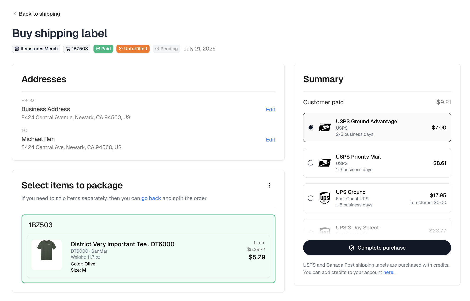 Buy shipping label, with the addresses and packaged items on the left and the carrier rates on the right