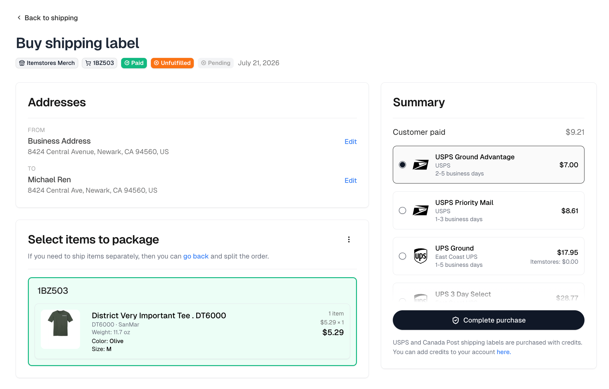 Buy shipping label, with the addresses and packaged items on the left and the carrier rates on the right