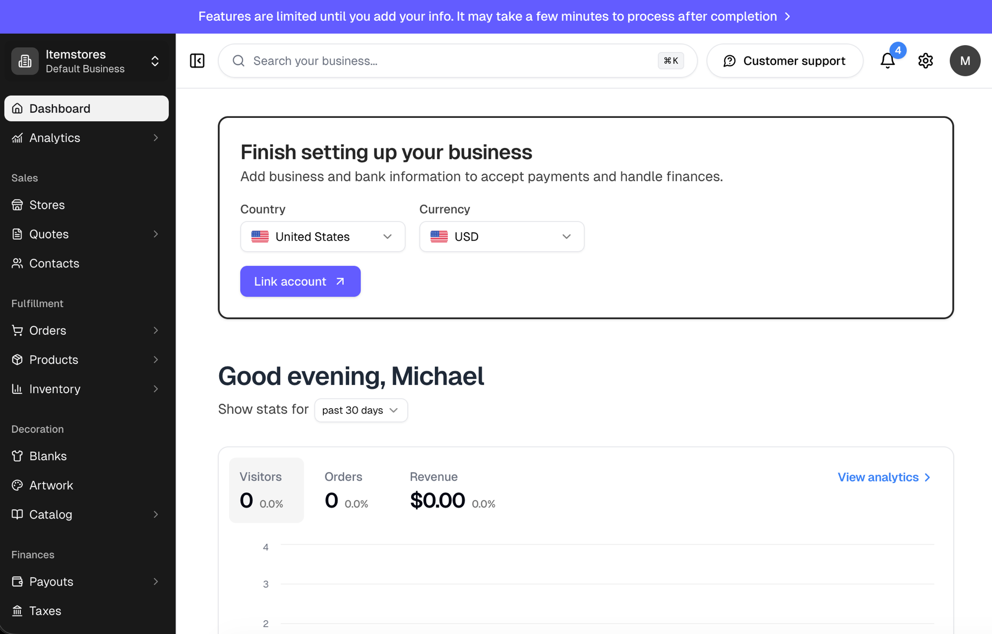 The Dashboard with the Finish setting up your business card, showing Country and Currency selectors above a Link account button