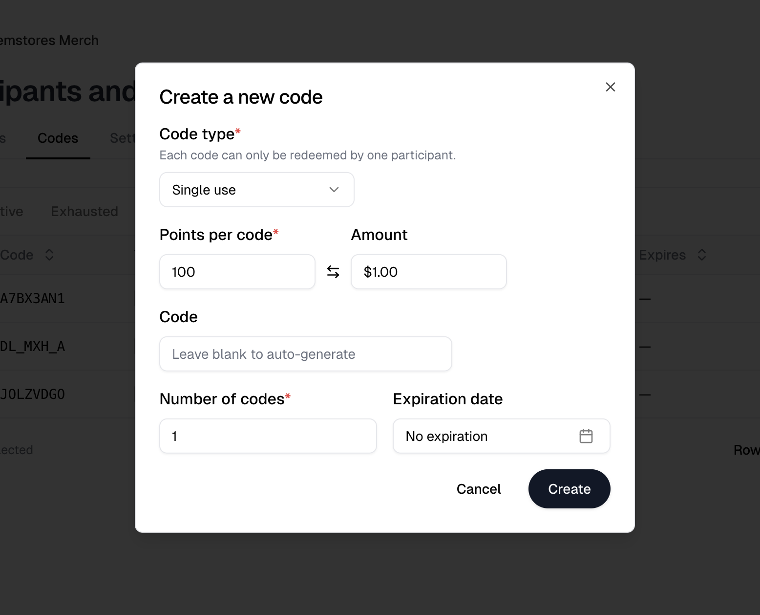 The Create a new code dialog, with code type, points per code beside its currency equivalent, and the number of codes