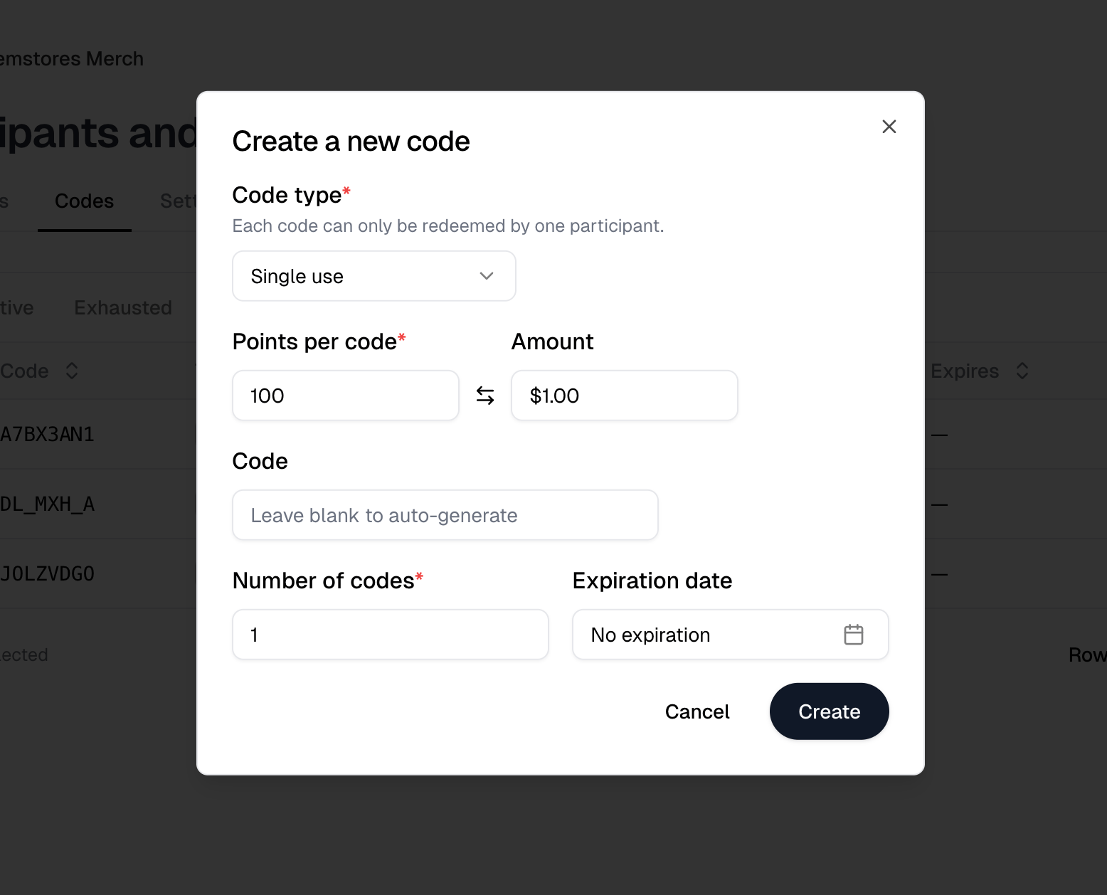 The Create a new code dialog, with code type, points per code beside its currency equivalent, and the number of codes