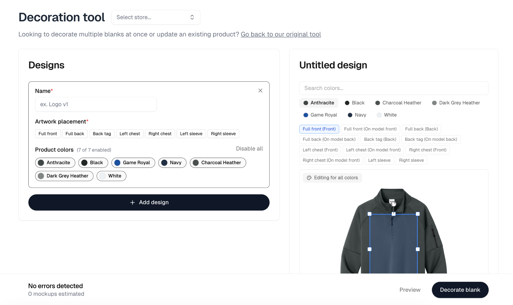 The decoration tool, with the Designs column on the left and the selected design's placement editor on the right