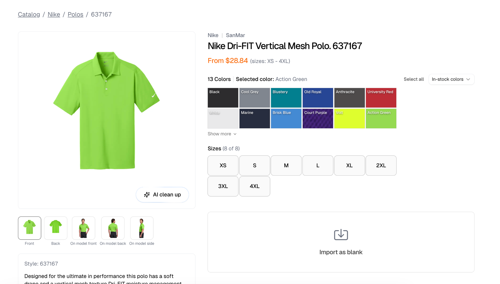 A catalog garment page with its color and size pickers and the Import as blank button