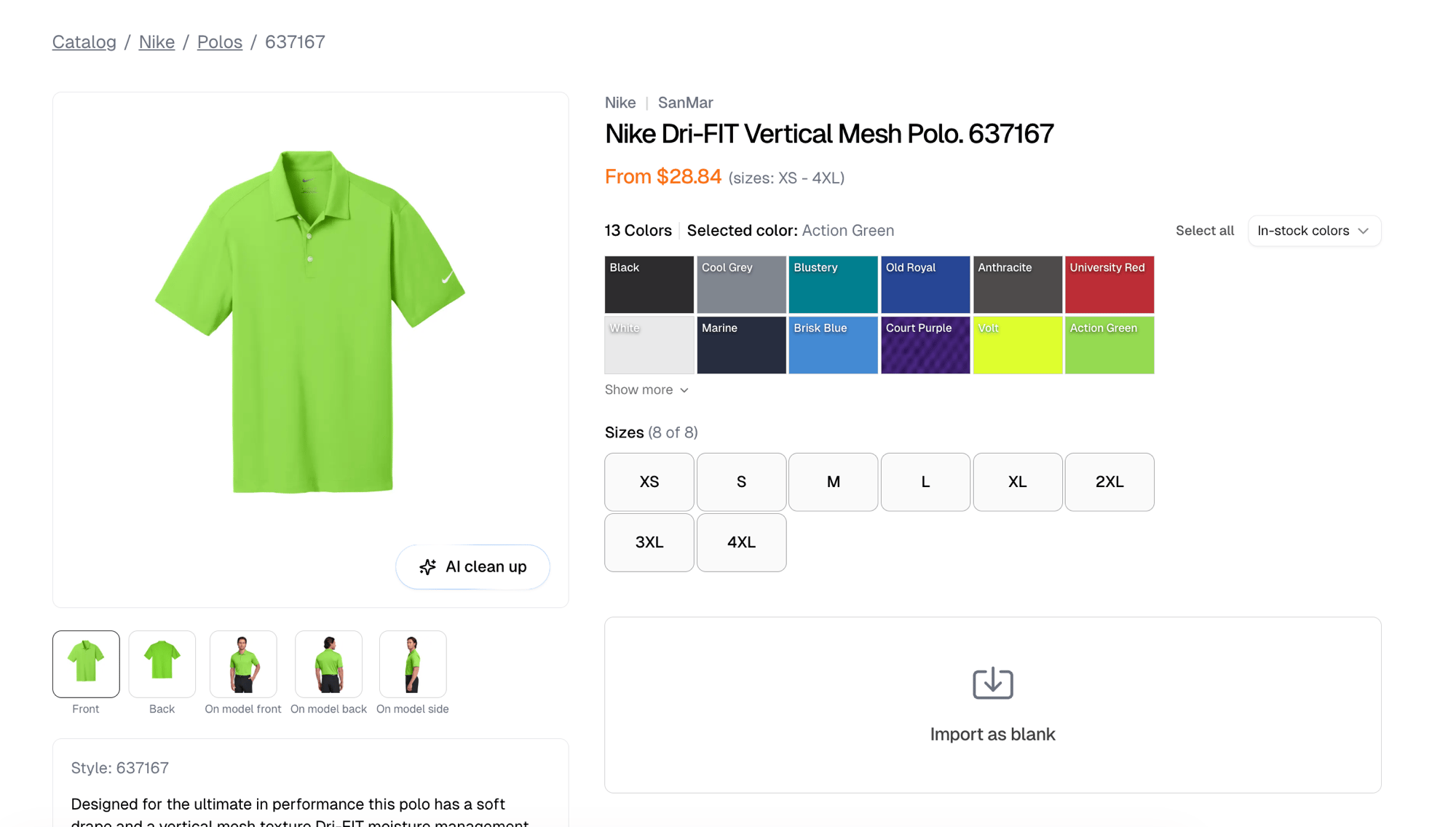 A catalog garment page with its color and size pickers and the Import as blank button
