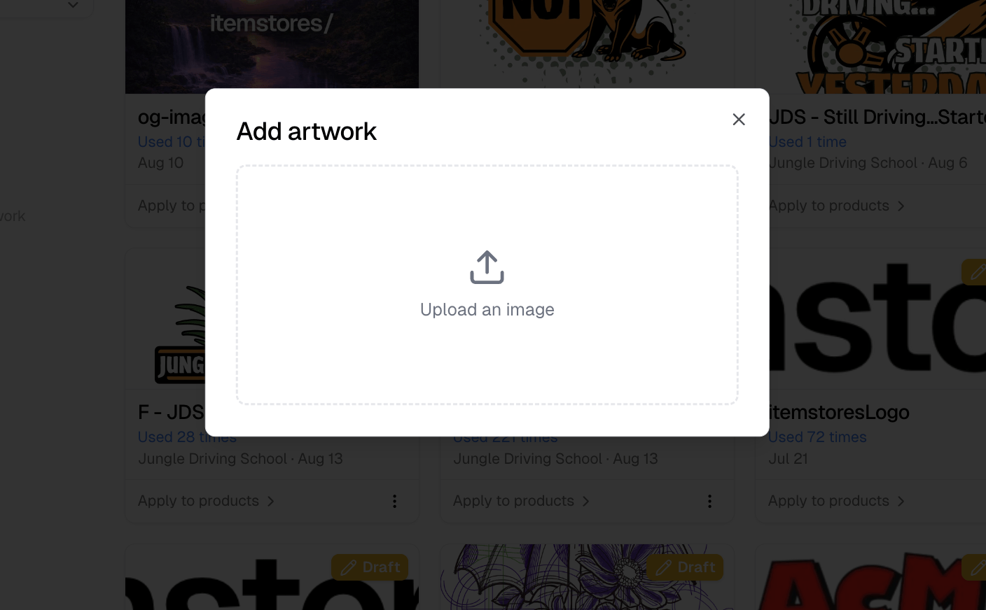 The Artwork page with the Add artwork dialog open on its upload area