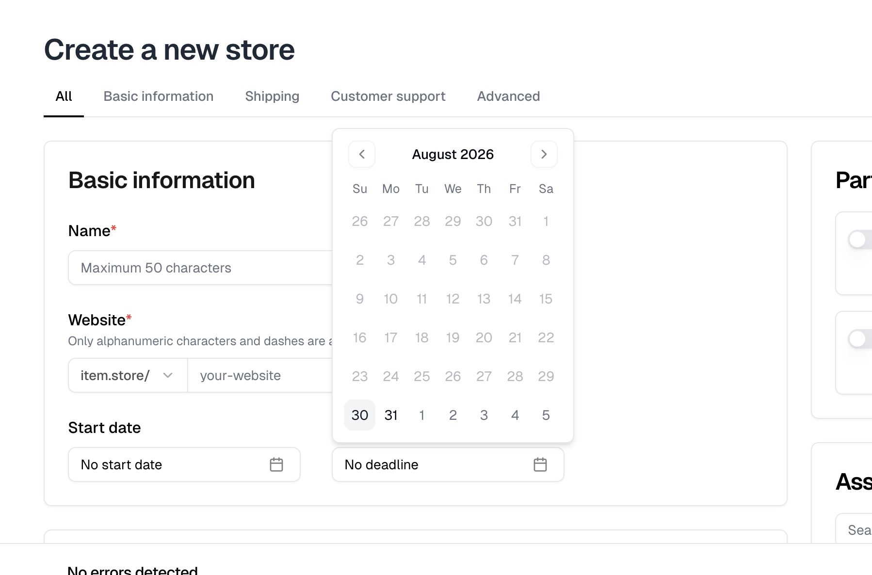 The Create a new store form with the Name and Website fields and the Start date and Deadline pickers, the deadline calendar open