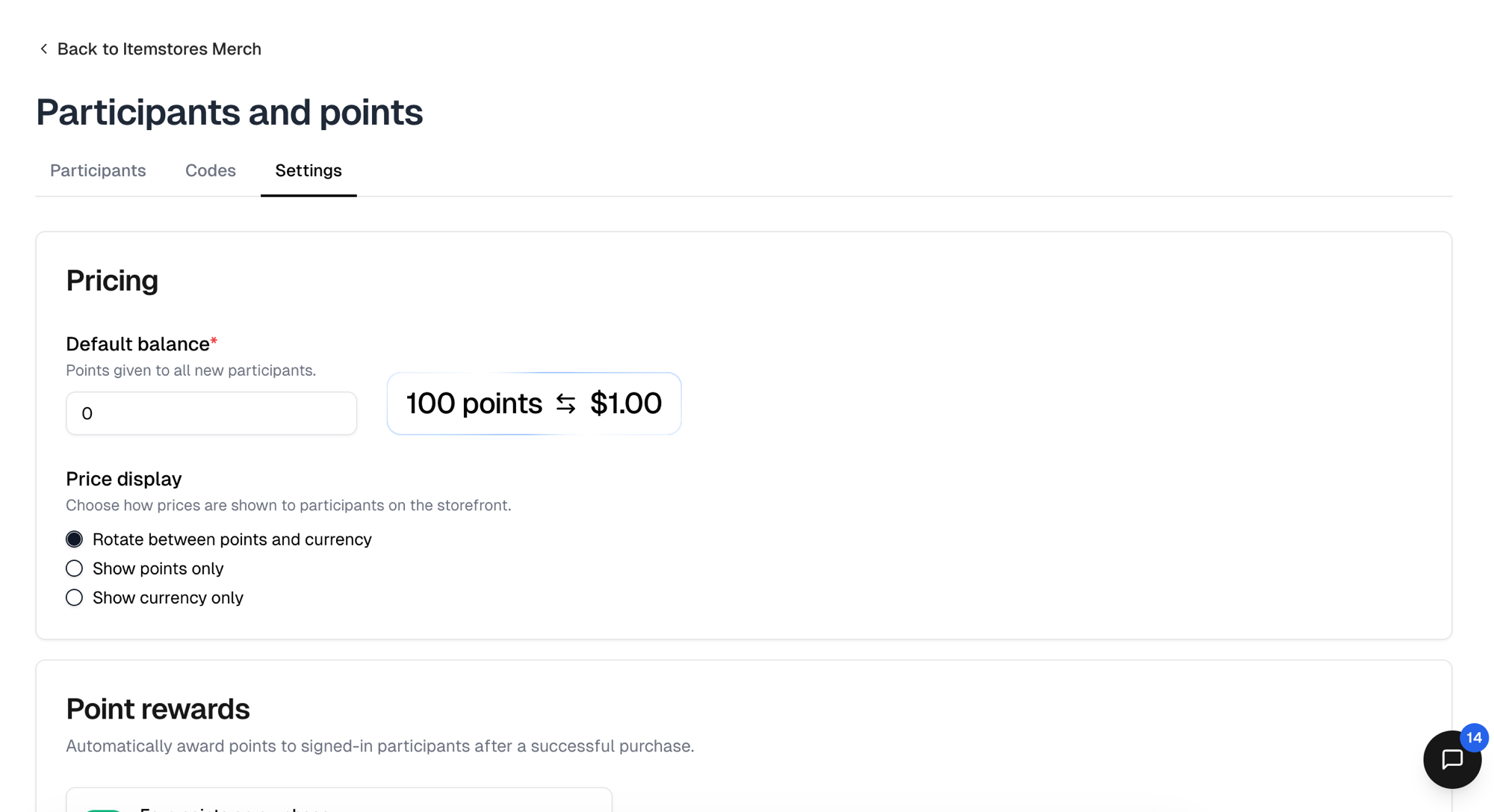 The Settings tab Pricing card, with Default balance beside its currency equivalent and the three price display options