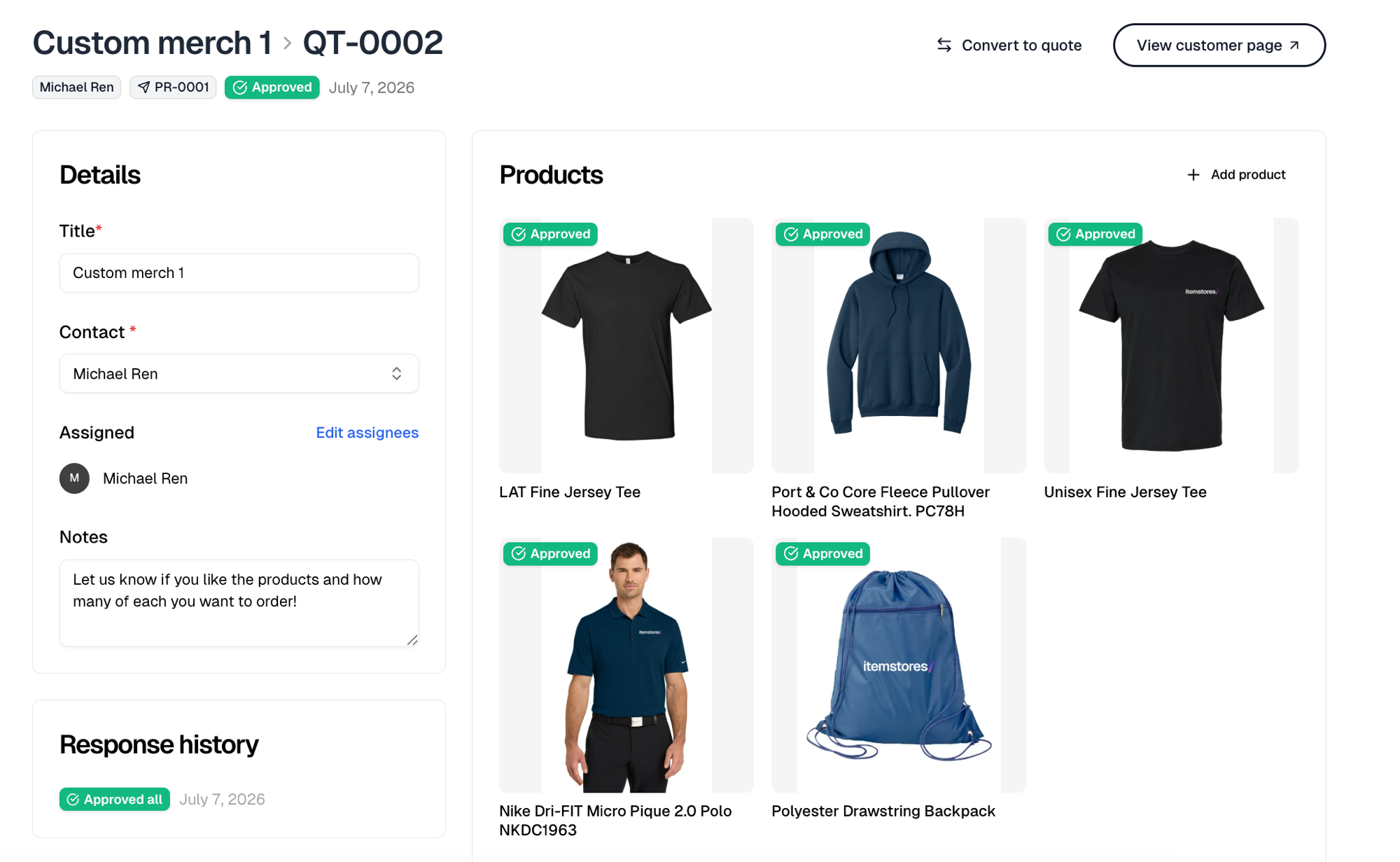 A proposal after the customer responded, with a badge on each product and the response history beneath the details