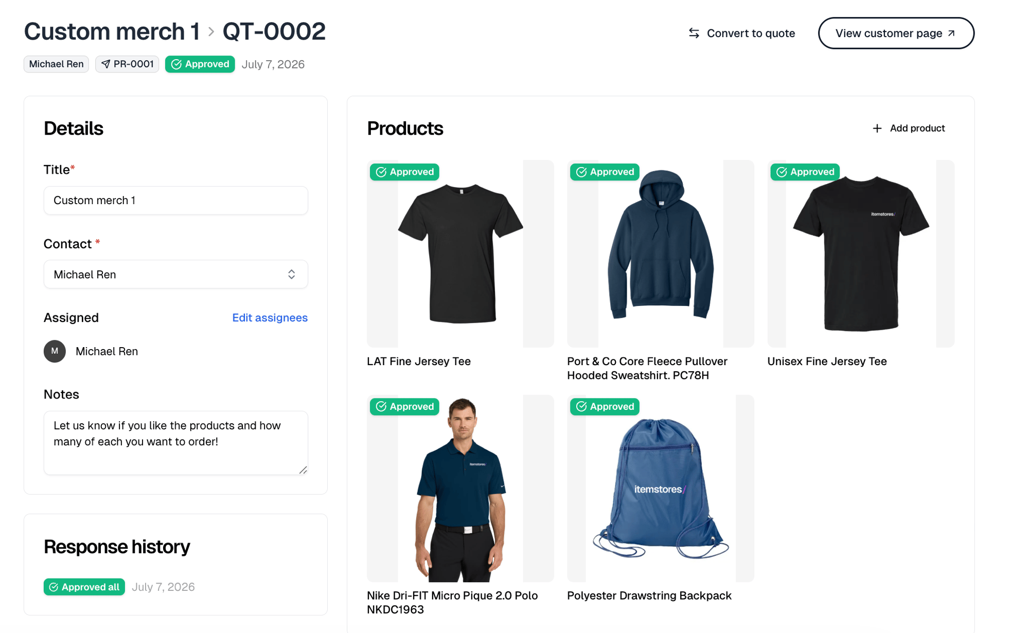 A proposal after the customer responded, with a badge on each product and the response history beneath the details