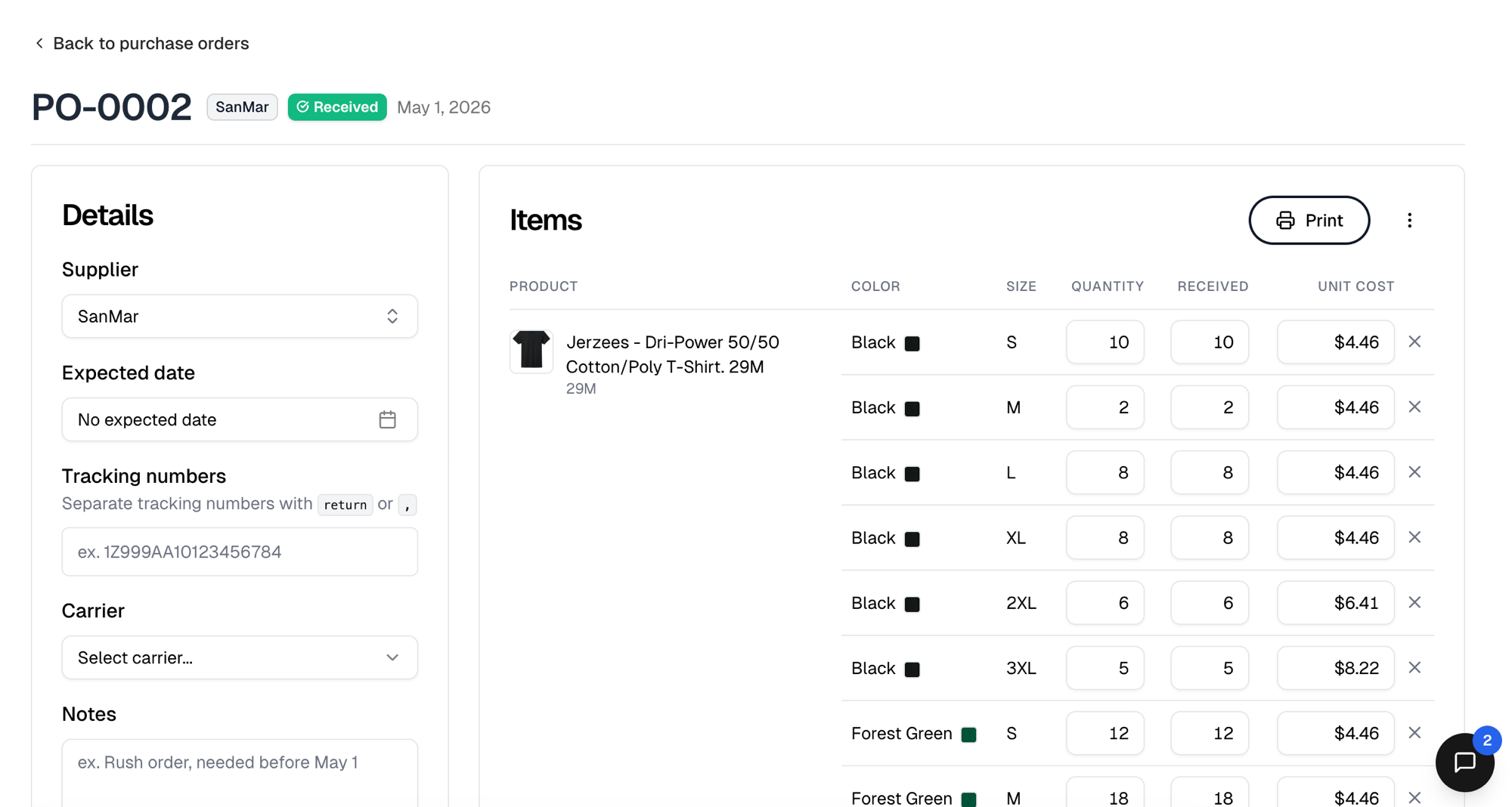 A purchase order's items panel with the Quantity and Received columns side by side