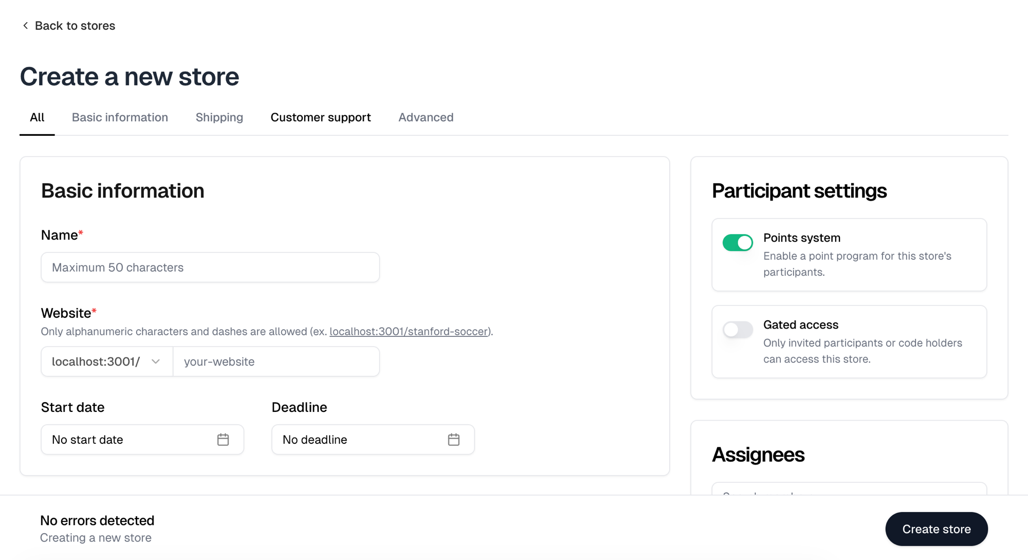 The Participant settings panel on the store form, with the Points system and Gated access switches