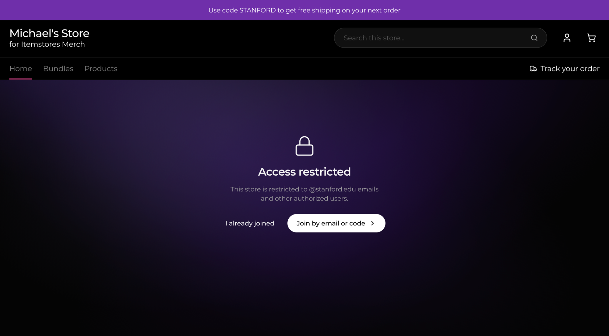 Storefront view of the Access restricted screen, naming the allowed email domain, with Join by email or code