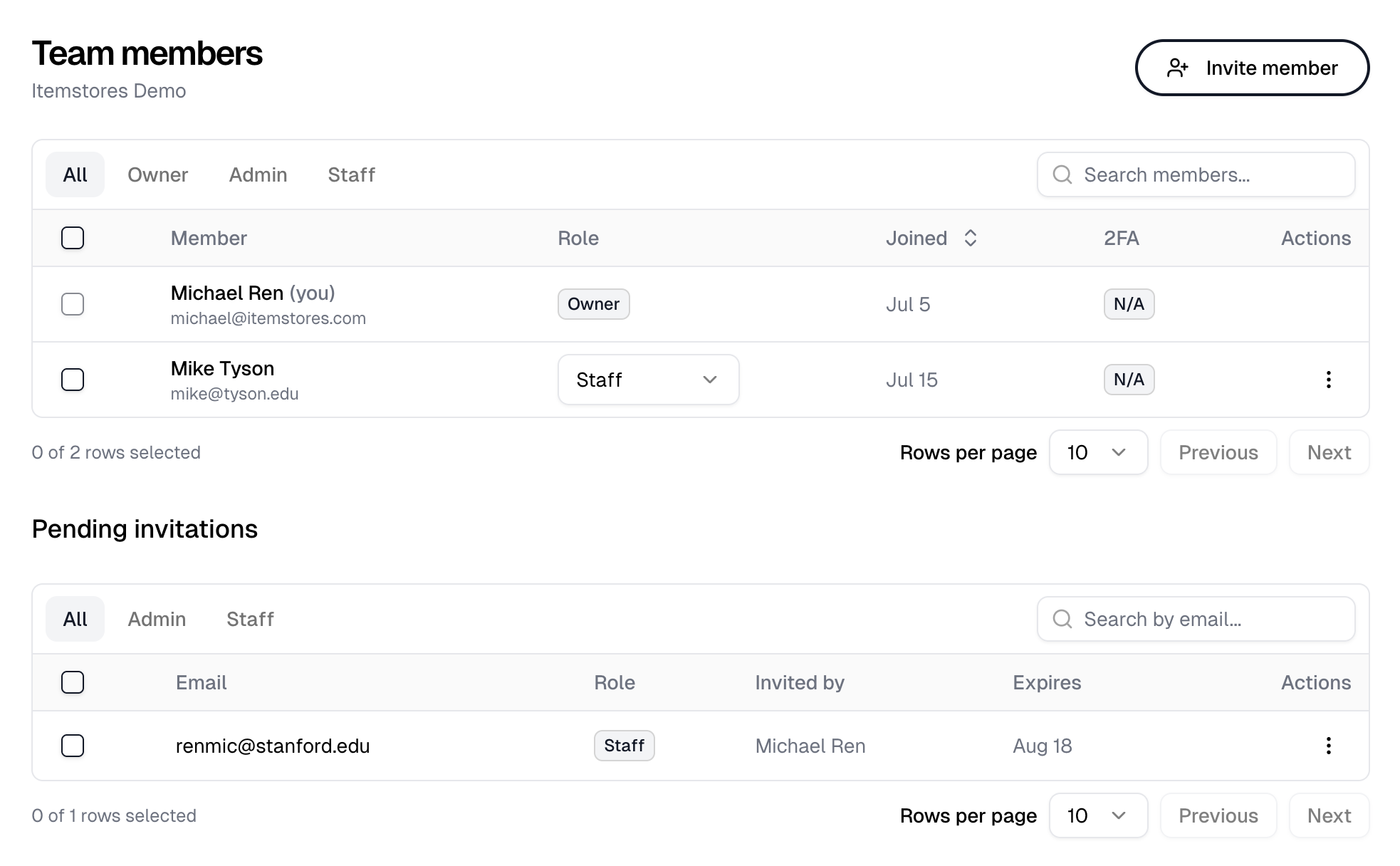 The Team page listing members with their roles above a Pending invitations table