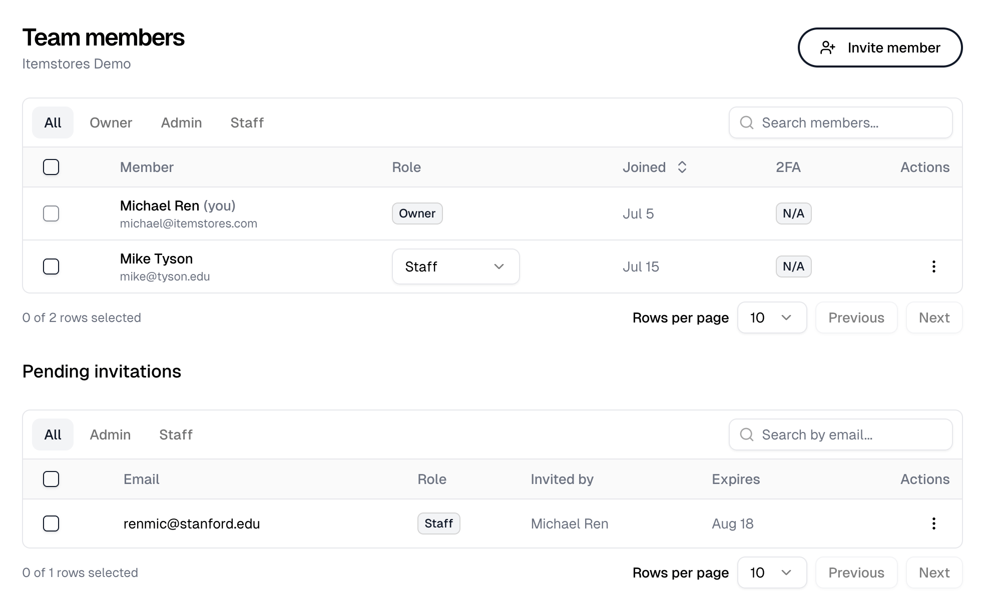 The Team page listing members with their roles above a Pending invitations table