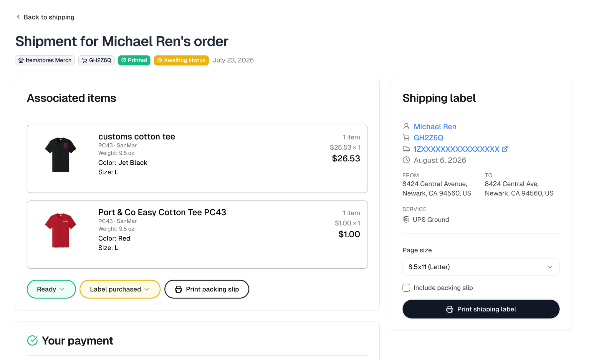 A shipment with its tracking number, carrier service and delivery status filled in automatically