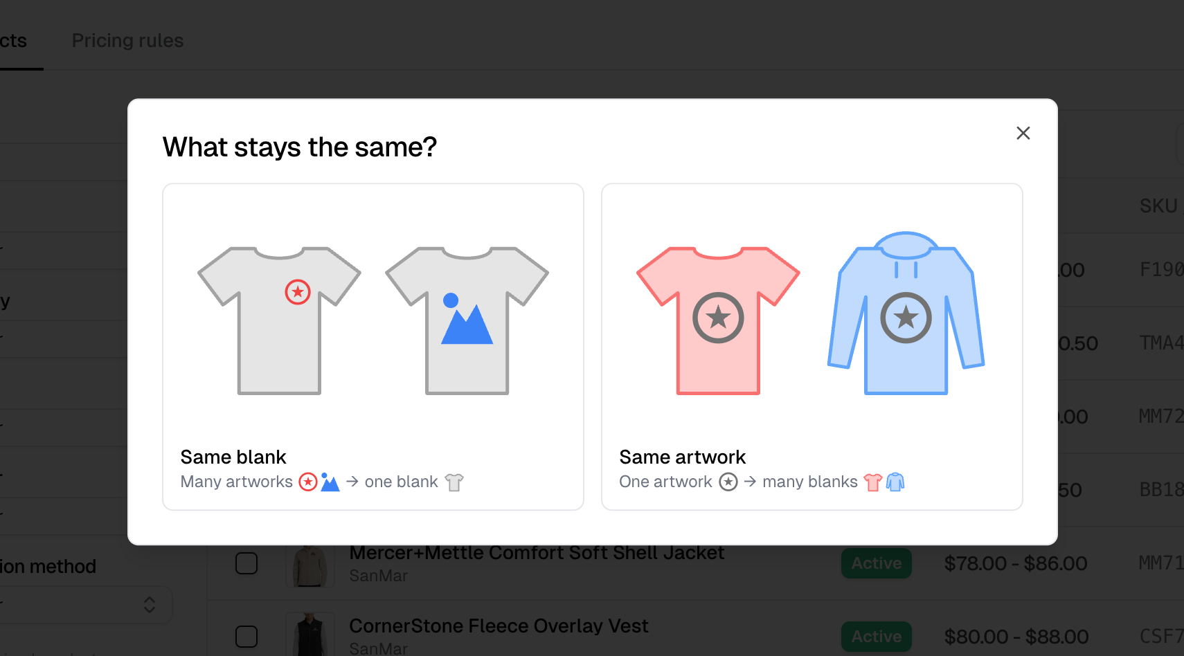 The What stays the same? dialog, with the Same blank and Same artwork diagrams