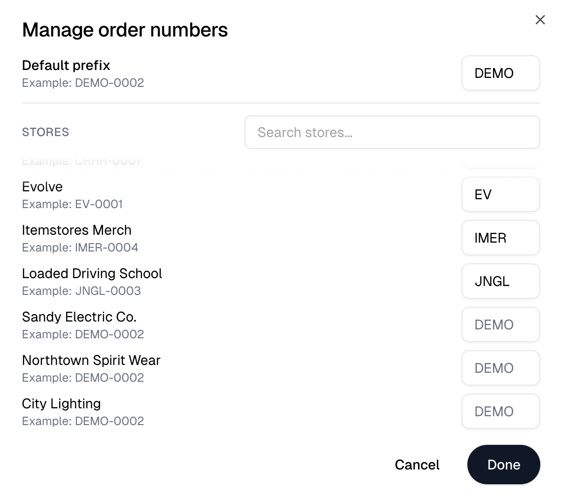 The Manage order numbers dialog with a default prefix and a prefix for each store