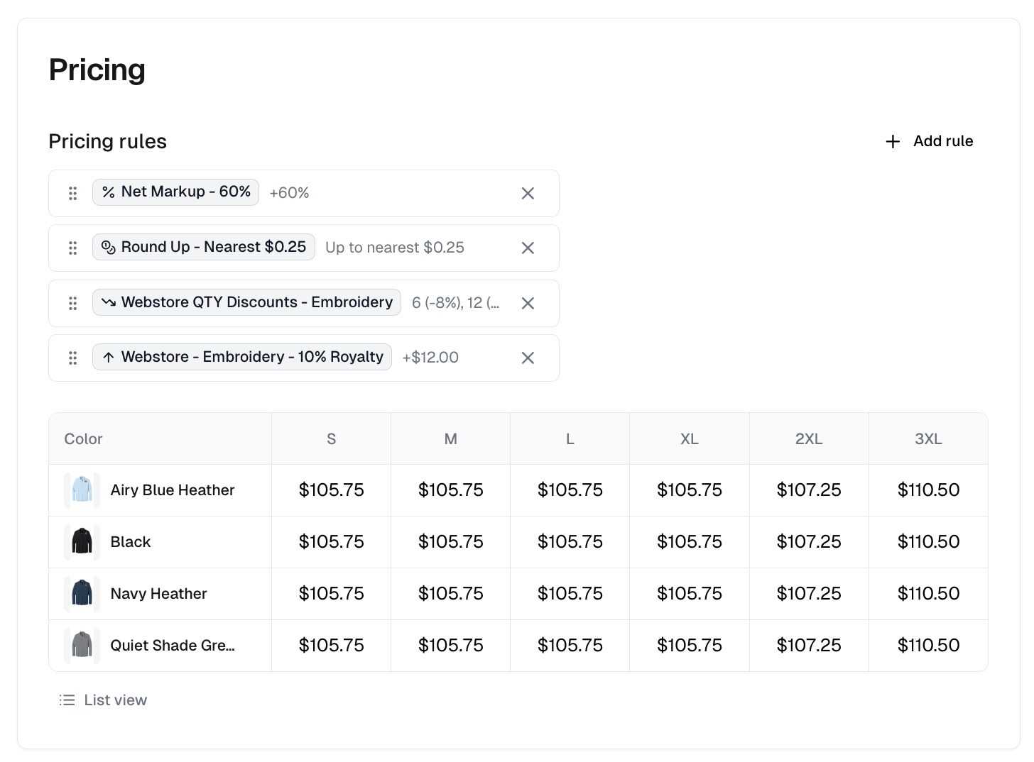 The Pricing tab with its stacked rules and the color and size price grid