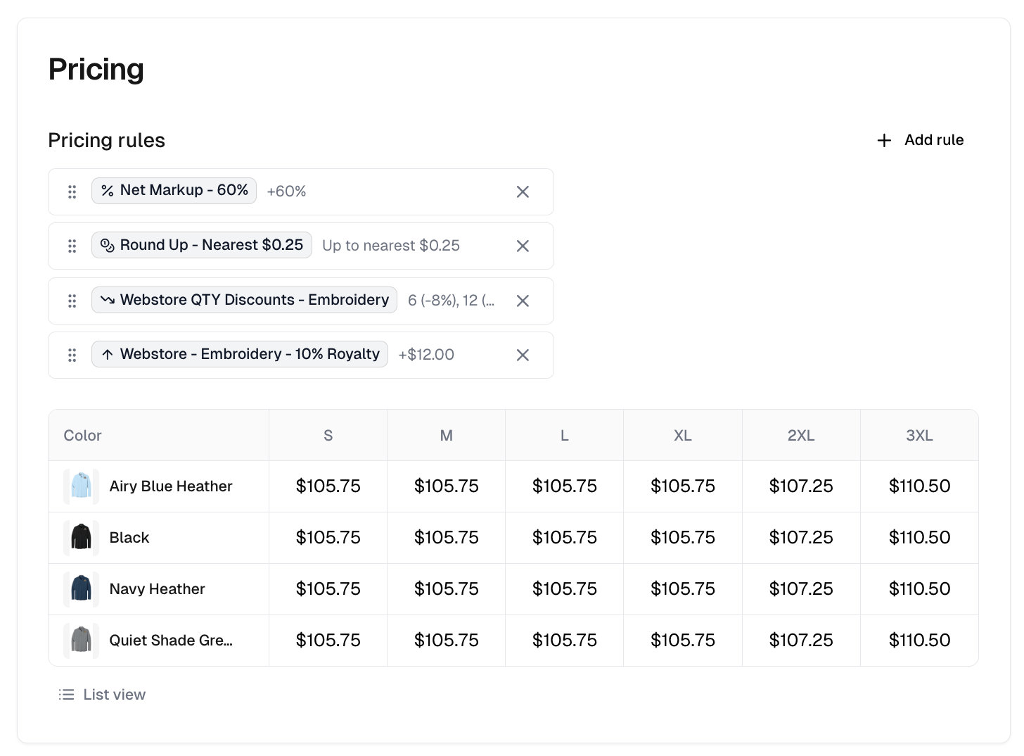 The Pricing tab with its stacked rules and the color and size price grid
