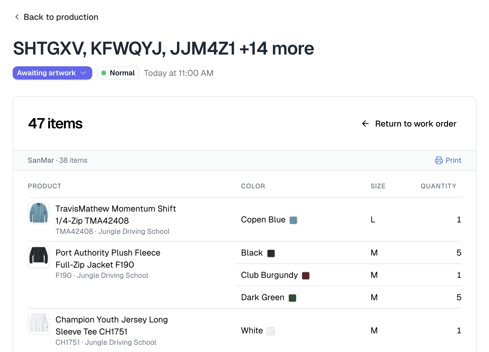 The items panel viewed as purchase orders, with a SanMar group of 38 items and its own Print link above a product, color, size and quantity table
