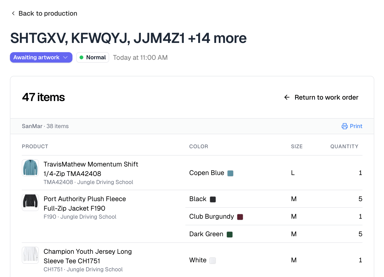 The items panel viewed as purchase orders, with a SanMar group of 38 items and its own Print link above a product, color, size and quantity table