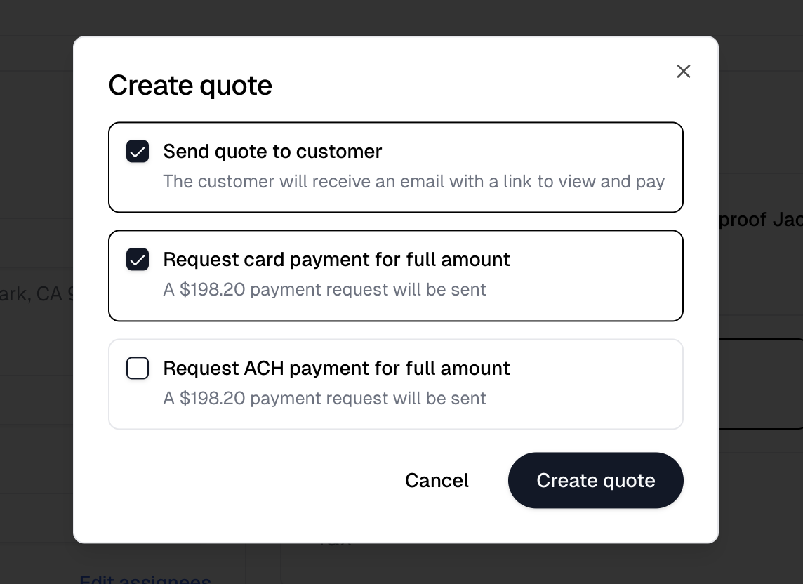 The Create quote dialog with Send quote to customer and Request card payment checked, and Request ACH payment unchecked