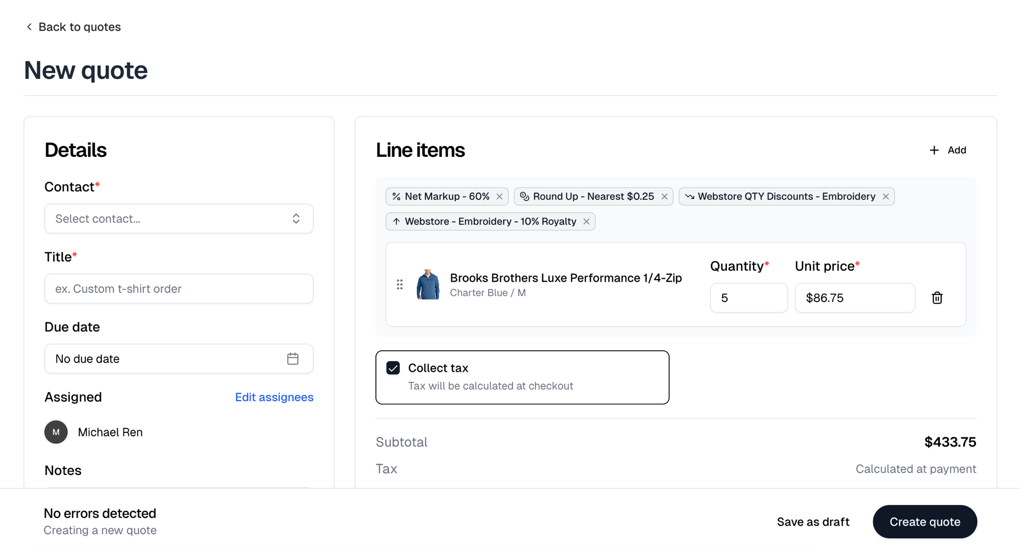 The New quote page with its footer offering Save as draft and Create quote