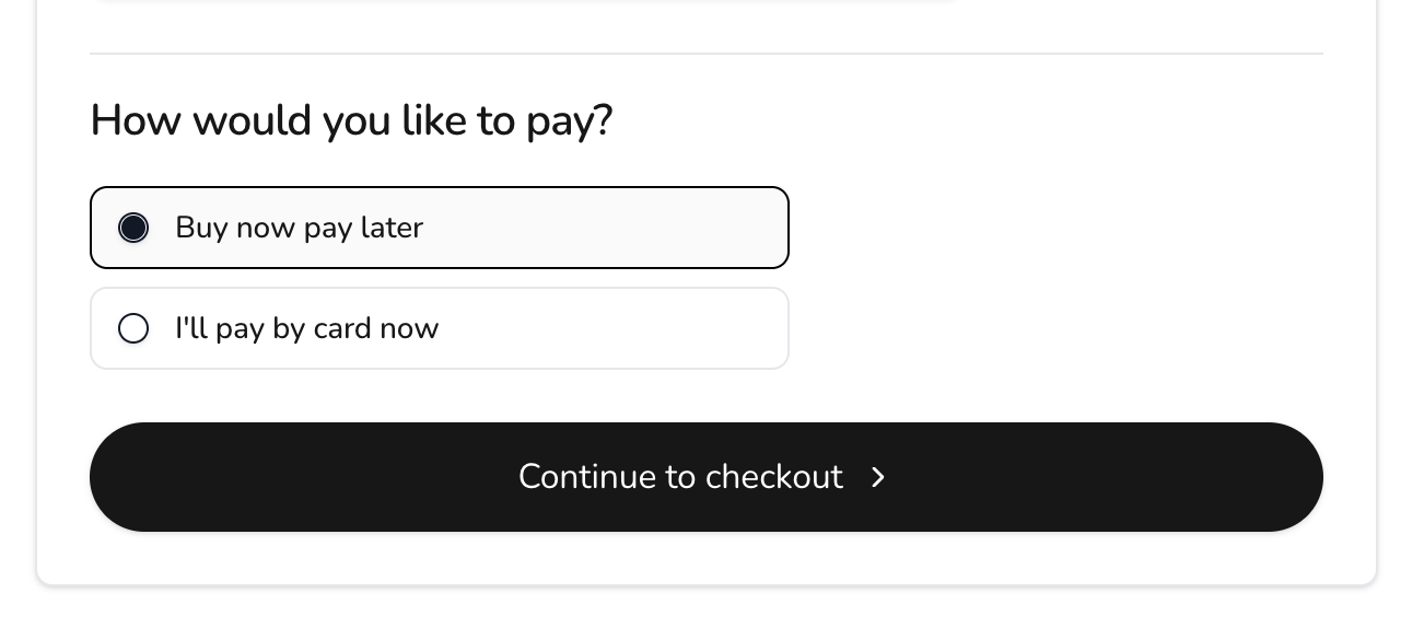 The checkout question How would you like to pay, with Buy now pay later selected